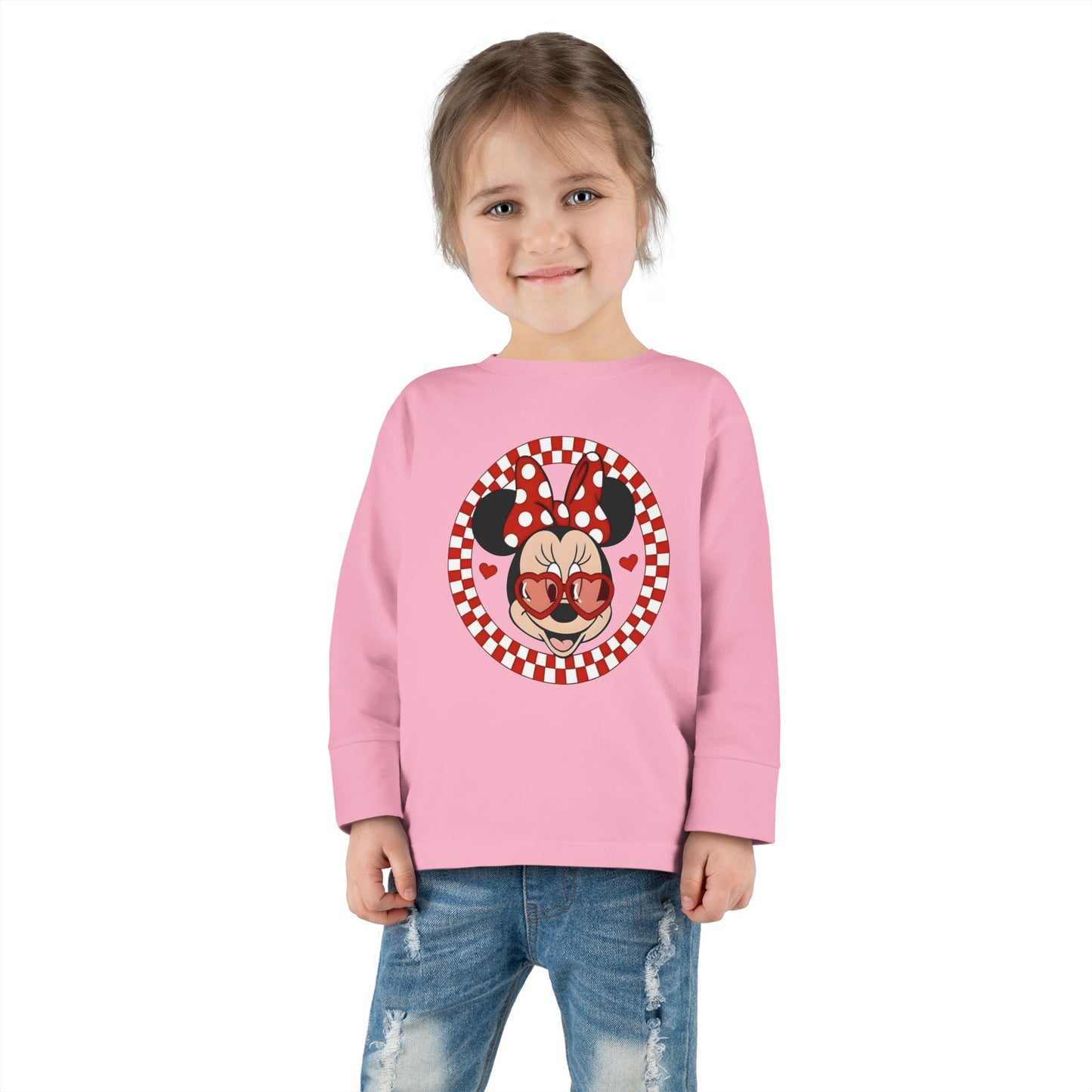 Toddler Long Sleeve Tee — Retro Minnie Face with Red Checkerboard