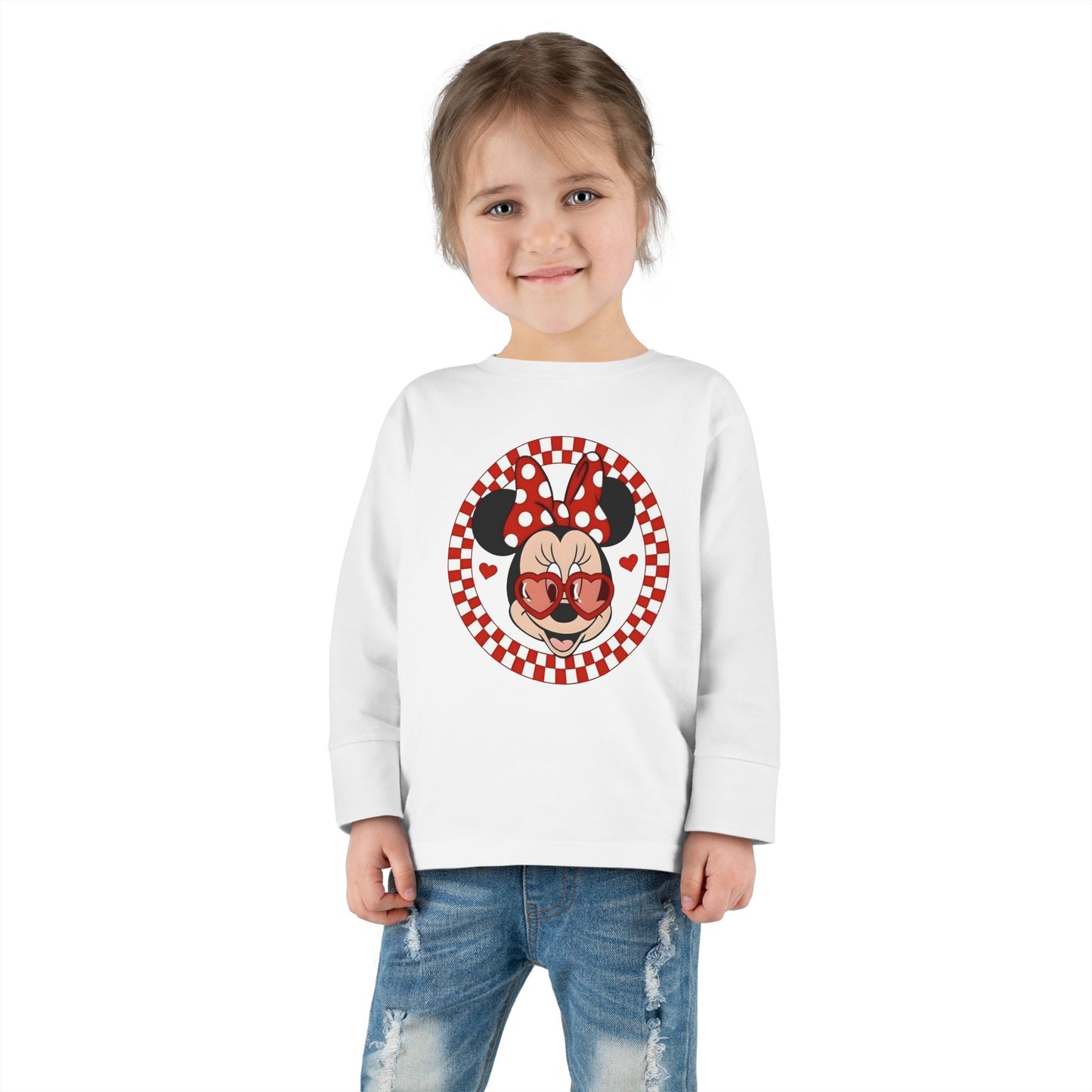Toddler Long Sleeve Tee — Retro Minnie Face with Red Checkerboard