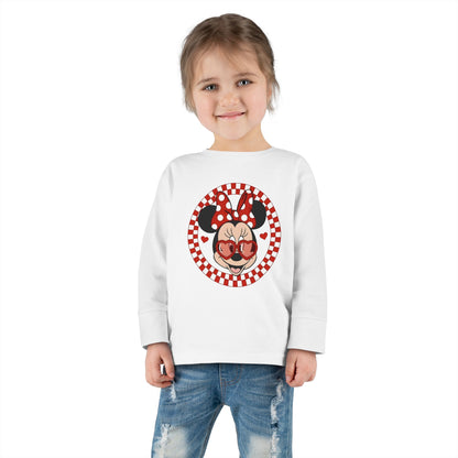Toddler Long Sleeve Tee — Retro Minnie Face with Red Checkerboard